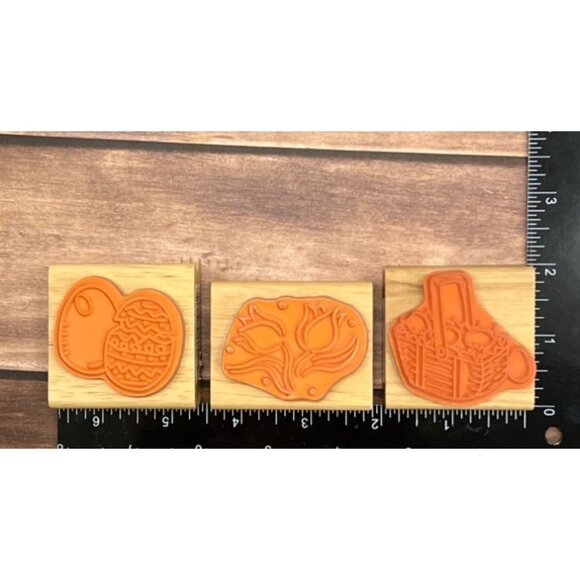 Easter-Themed Rubber Stamps Set Of 3 Canadian Maple Tulip Easter Egg & Basket - Picture 2 of 4